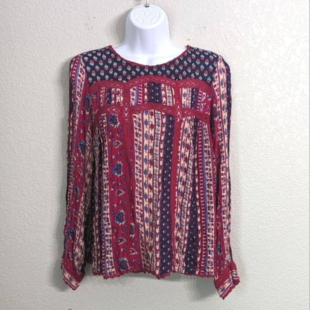 Maeve Red Navy Patterned Long-Sleeve Boho Blouse